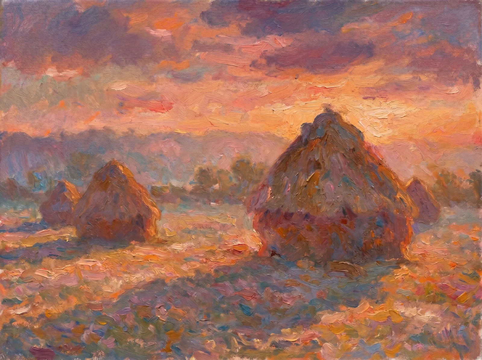 Haystacks at sunset